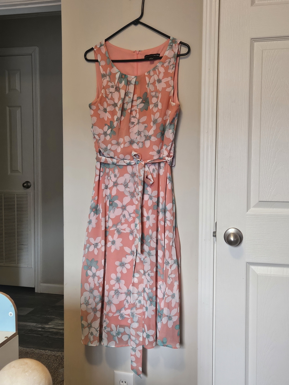 Sleeveless Coral Floral A-Line Dress with Tie Belt